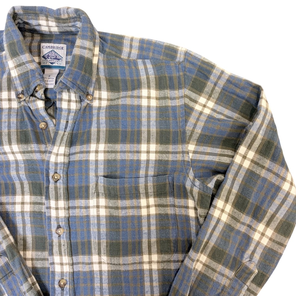 Cambridge Classics Mens Small Blue Green Plaid Flannel Button Down Shirt Cotton